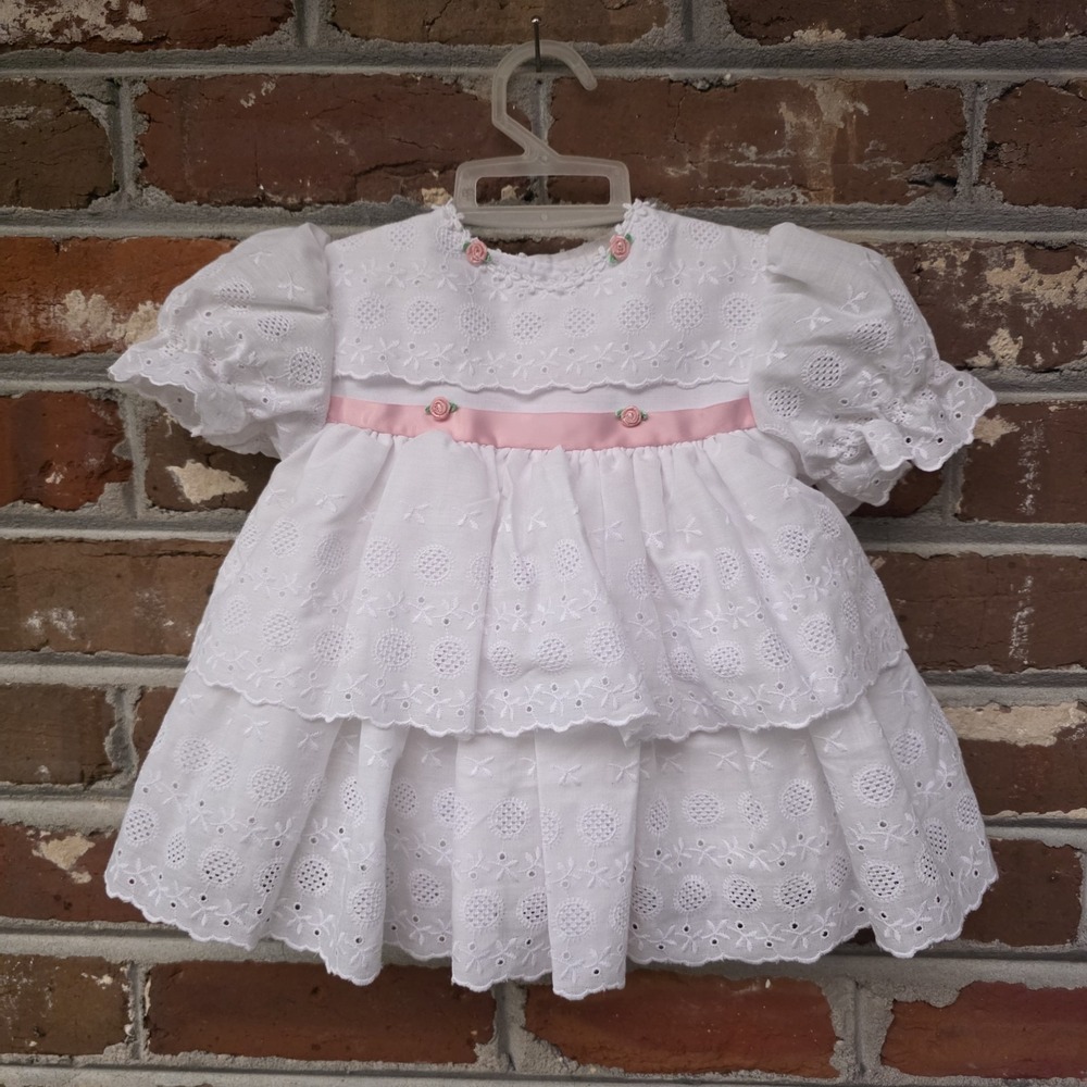 VTG Full Circle Dress 12M White Lace w/ Petticoat Slip! Pink Trim Rosettes